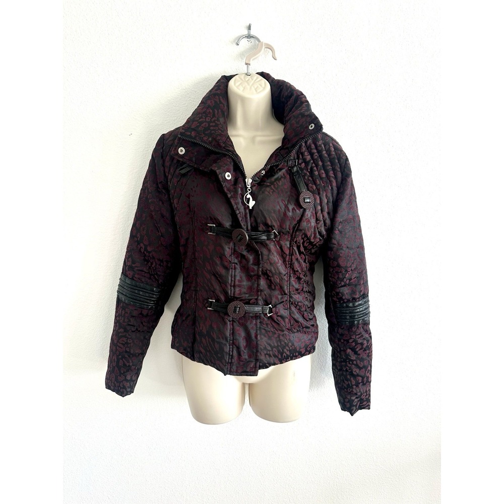 Baby Phat Puffer Jacket‎ Leopard Print Womens M Full Zip Faux Leather Purple Y2K